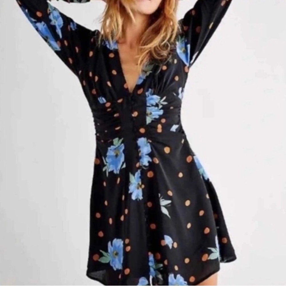 Free People Date Night Black Dress with Blue Floral and Orange Dots - M
